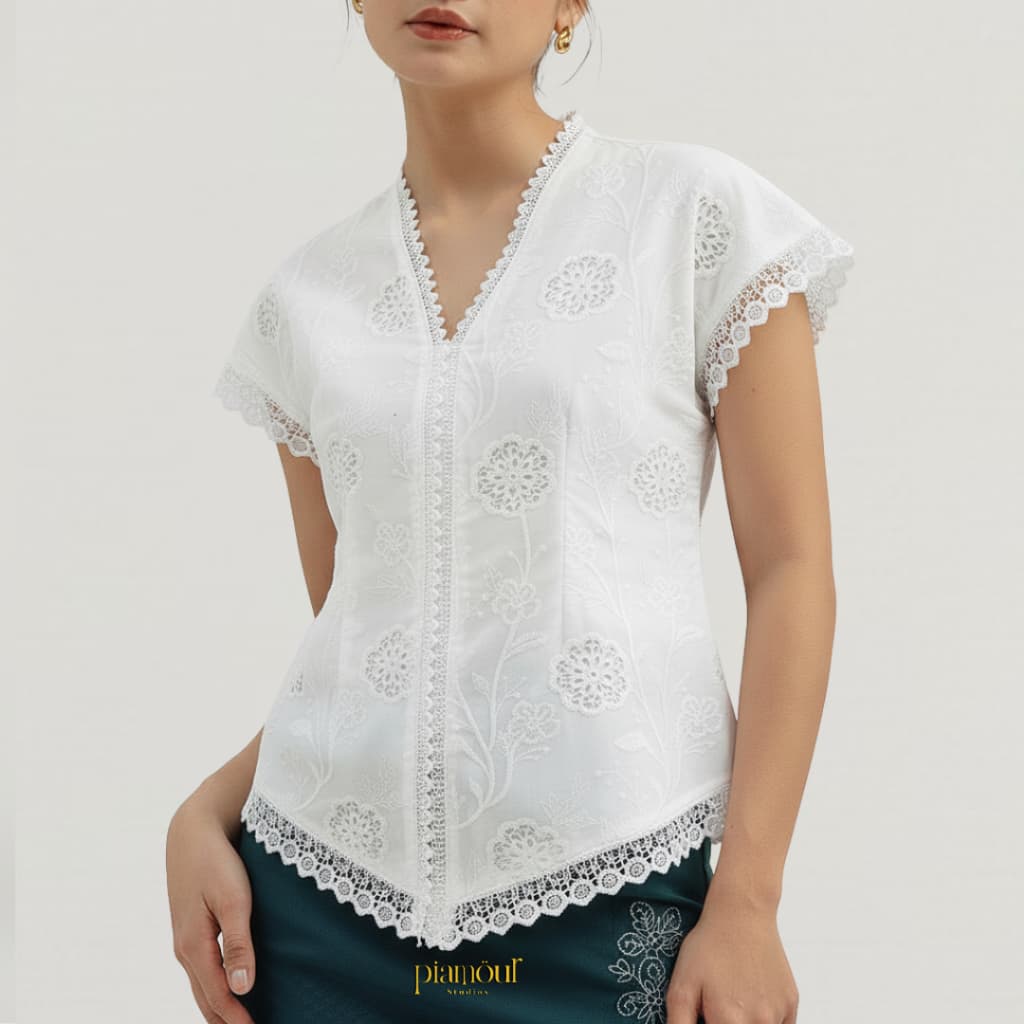 PIAMOUR | AURORA TOP Kebaya Modern Casual Basic Outer Kebaya Encim Lengan Pendek Katun Embroidery Bordir Mix Renda Atasan Blouse Baju Kondangan Wanita Kekinian