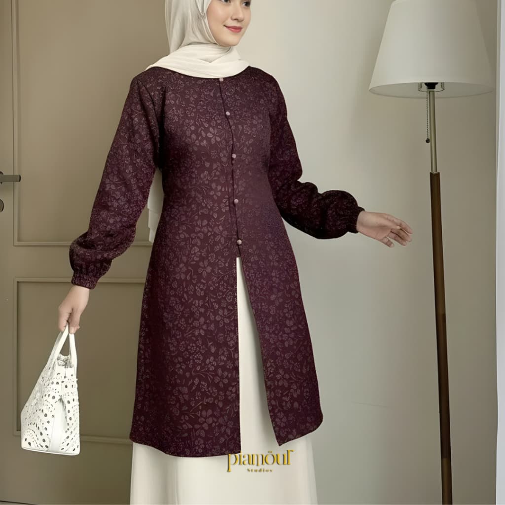 PIAMOUR | EIRA Tunik Raya Baju Kondangan Lebaran Wanita 2026 Kekinian Fukuro Embos Jacquard Atasan Wanita Muslimah Simple Elegan Pesta