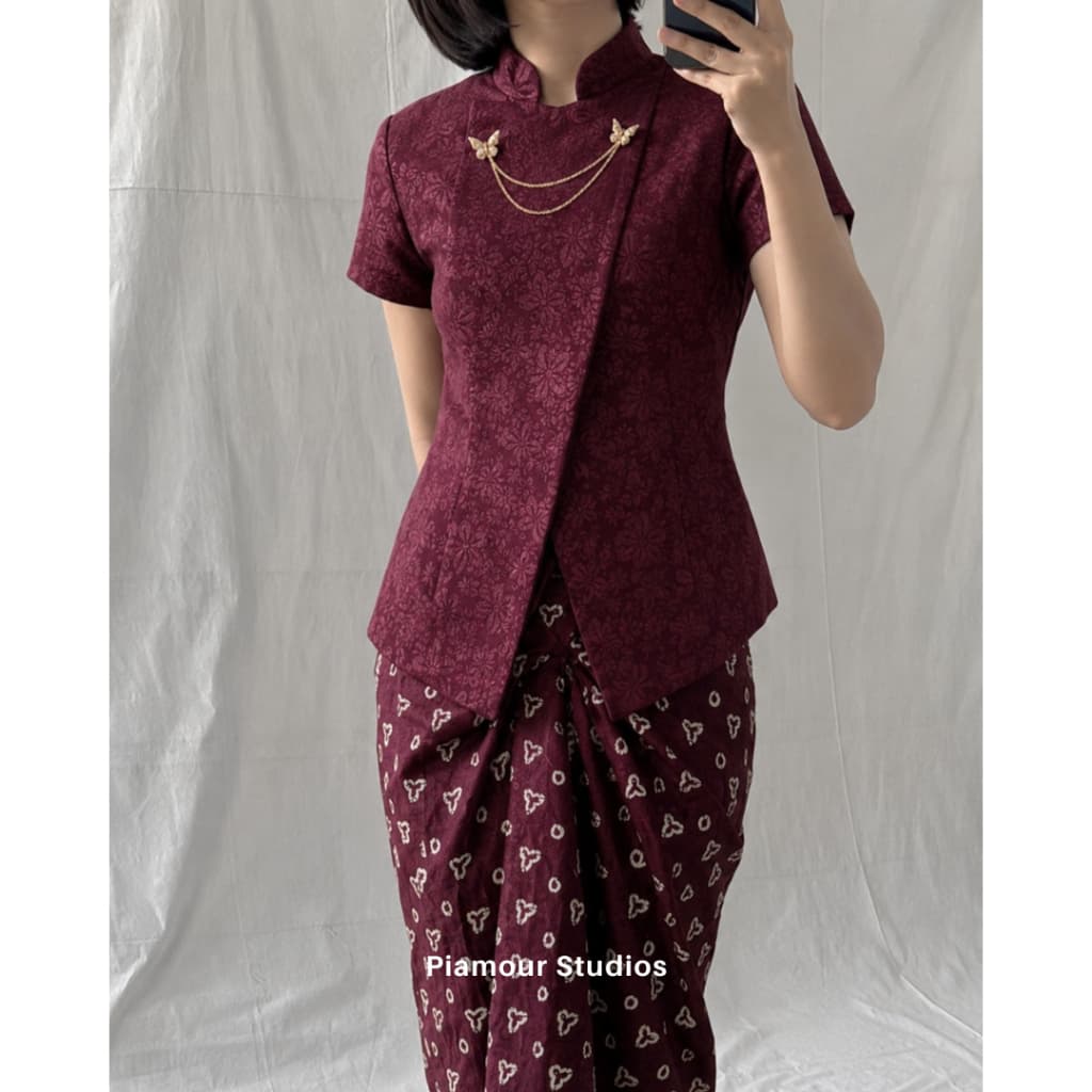 PIAMOUR | SEKAR Kebaya Janggan Lengan Pendek Fukuro Jacquard Atasan Wanita Modern Baju Natal Wisuda Baju Kondangan Wanita Kekinian