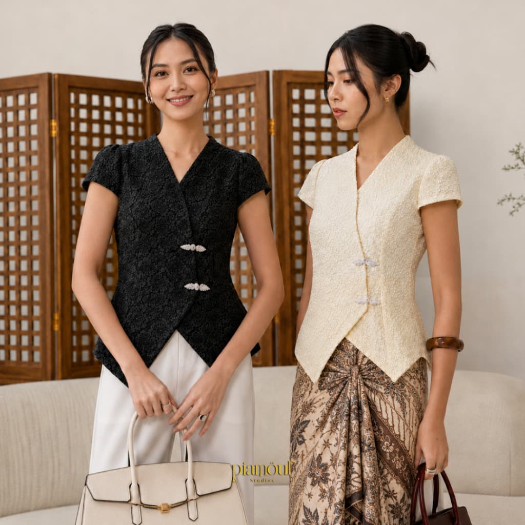 PIAMOUR | SAKURA Kebaya Modern Wanita Lengan Pendek Fukuro Jacquard Atasan Outer Vest Baju Kondangan Wanita Kekinian Wisuda Pesta natal Aesthetic