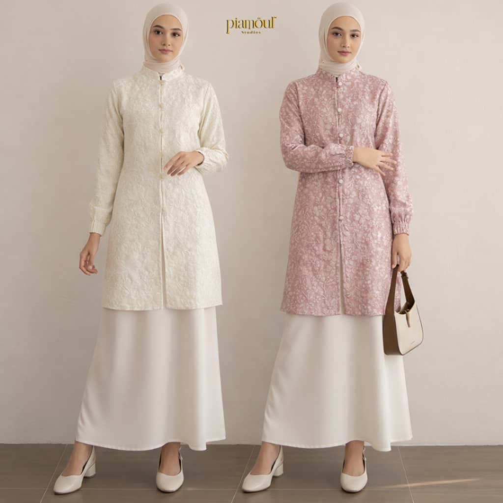 PIAMOUR Tunik Raya Edition Baju Lebaran Wanita 2026 Kekinian Terbaru Outfit Lebaran Tunic Wanita Kondangan Fukuro Embos Jacquard Atasan Wanita Muslimah Elegan