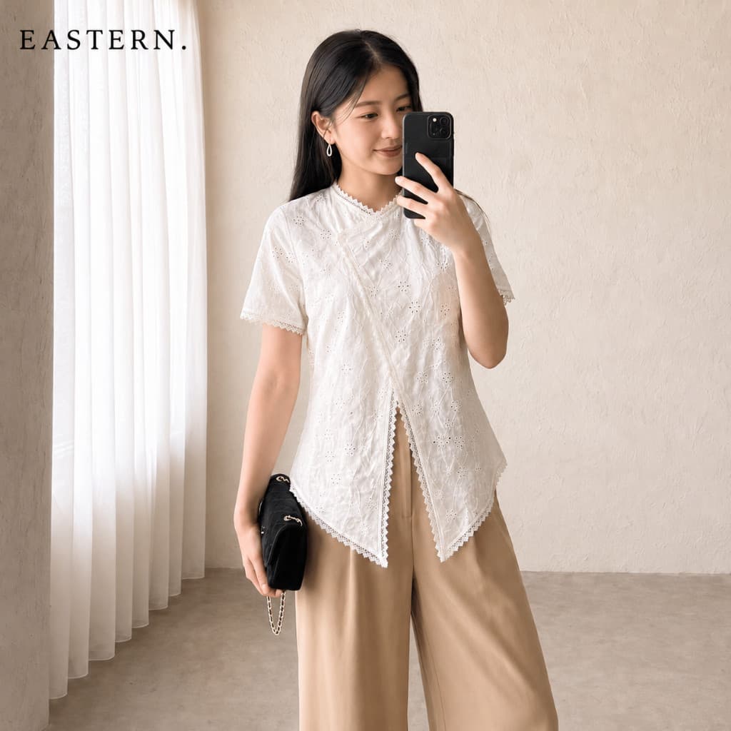 PIAMOUR | YUKI Kebaya Janggan Modern Atasan Lengan Pendek Katun Bordir Premium Baju Kondangan Wisuda Wanita