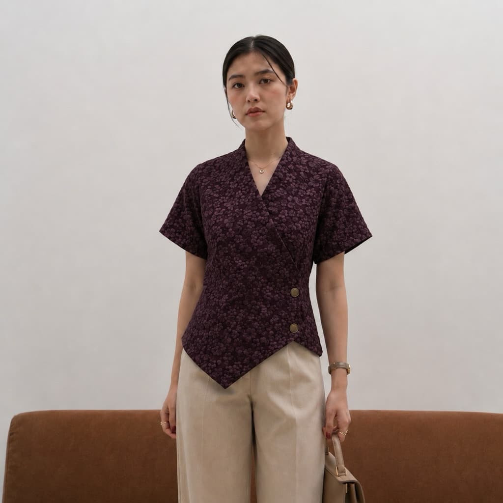 PIAMOUR | LEA TOP Atasan Kebaya Modern Wanita Asimetris Jacquard Floral Baju Kondangan Wanita Kekinian Elegan Wisuda Simple