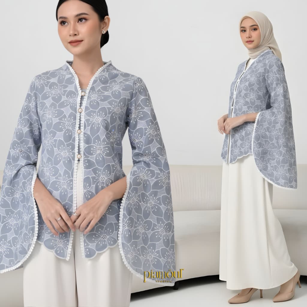 PIAMOUR Kebaya Modern Atasan Blouse Wanita fitted Baju Lebaran 2026 Shirt Kemeja Katun Bordir Motif lengan panjang Casual Formal Kondangan Wisuda Kekinian Korean Style