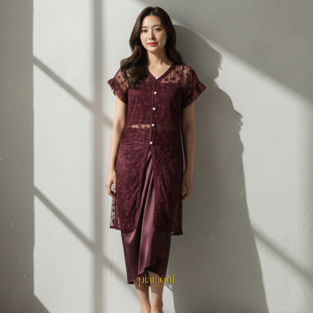 PIAMOUR Outer Brukat Jenar Kebaya Modern Wanita Premium Oneset Lace Tille + Rok Lilit Polos Kondangan Lebaran