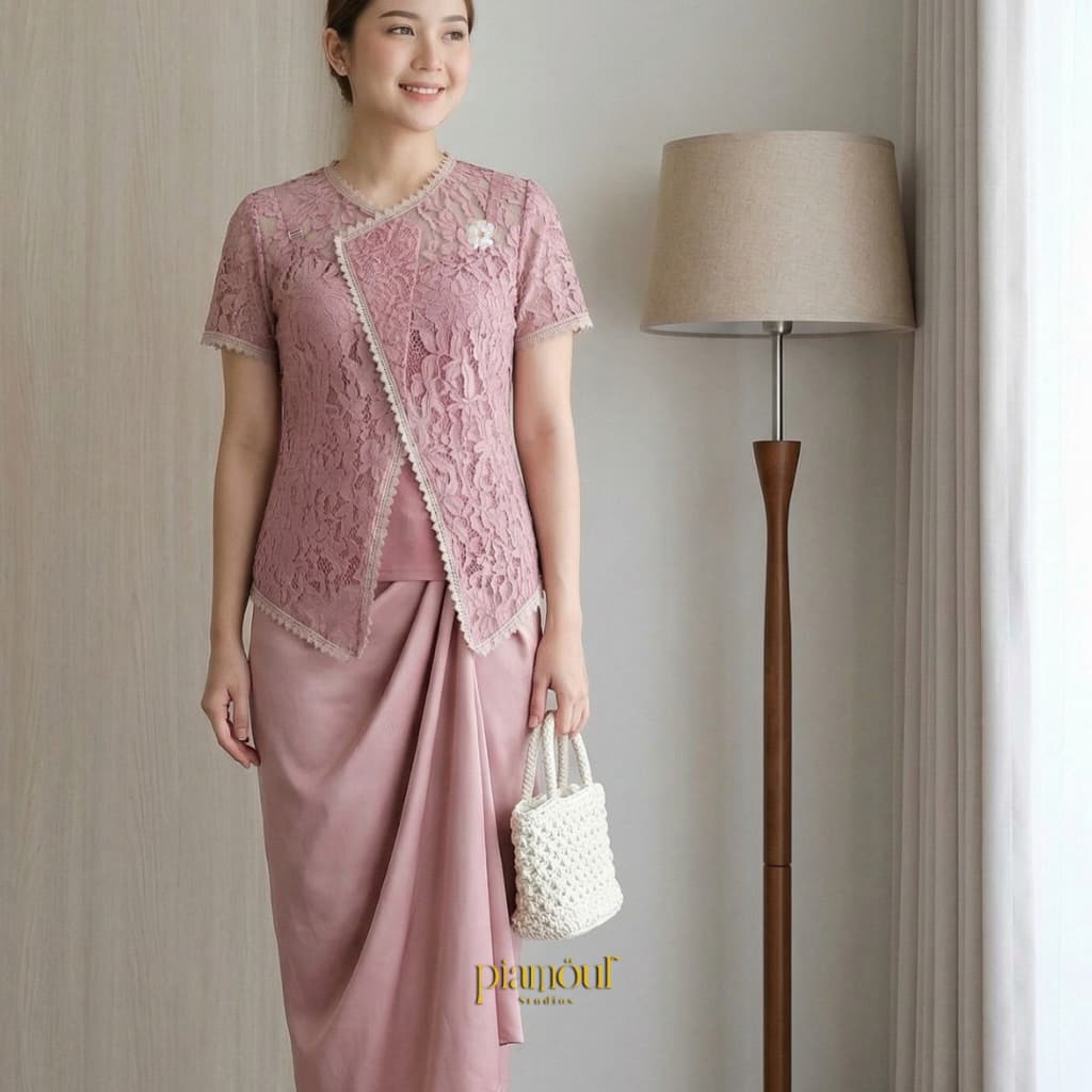 PIAMOUR Setelan Kebaya Janggan Modern Lengan Pendek Premium Atasan Brokat Wisuda Pesta Baju Kondangan Wanita Kekinian 2026 Brokat Pink Simple Elegan