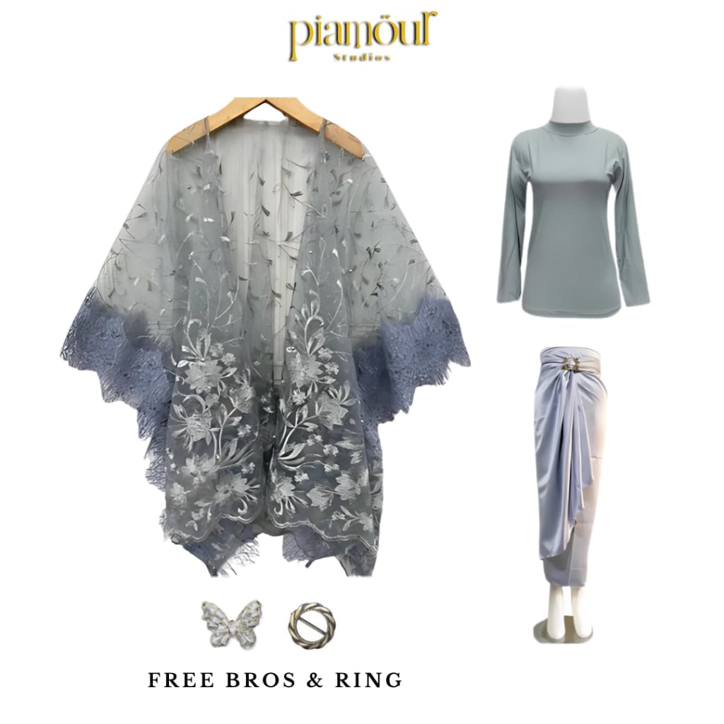 PIAMOUR Kebaya Modern Oneset Cardigan Series Brokat Hijab Set Rok Lilit Outer Kardigan Brukat Baju Kondangan Wanita Kekinian Wisuda Aesthetic