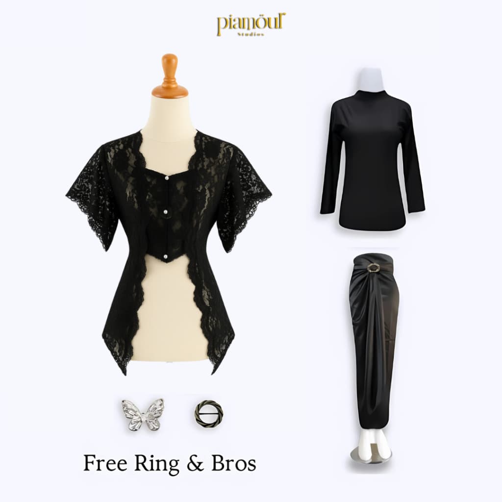 PIAMOUR Oneset Kebaya Kutu Baru Brukat Modern Atasan Kebaya Kutu Baru Lengan Pendek Baju Kondangan Wanita Kekinian Casual Classic