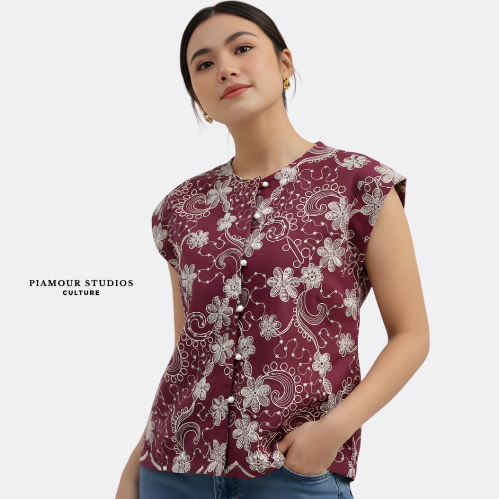 NORA TOP Atasan Wanita Floral Blouse Crop Sleeve Vest Korean Katun Embroidery Bordir Rompi Kekinian Lengan Pendek
