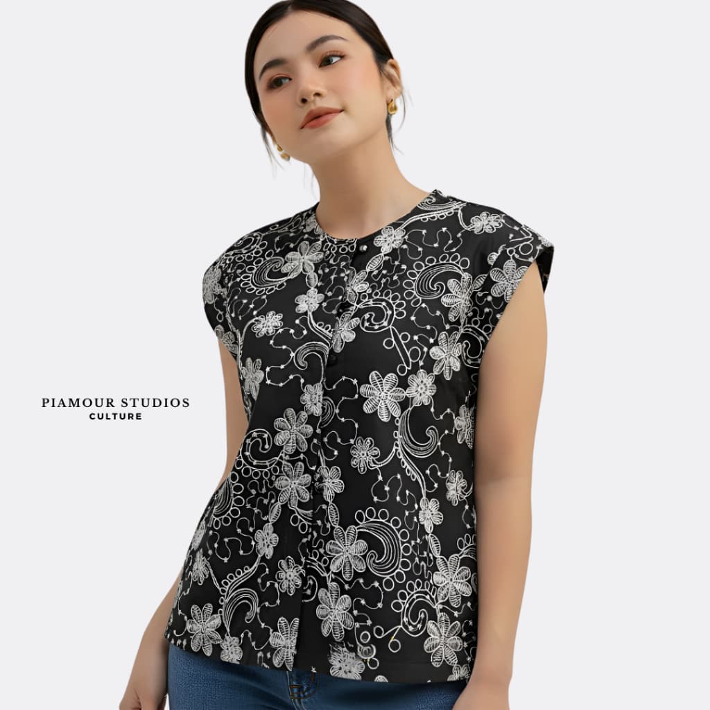 PIAMOUR | NORA TOP Atasan Wanita Floral Blouse Crop Sleeve Vest Korean Katun Embroidery Bordir Rompi Kekinian Lengan Pendek