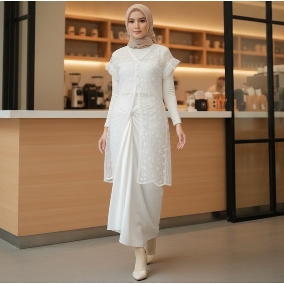 PIAMOUR Outer Brukat Kebaya Modern Wanita Oneset Premium Lengan Panjang Berhijab – Lace Tille Elegan Kondangan | EASTERN
