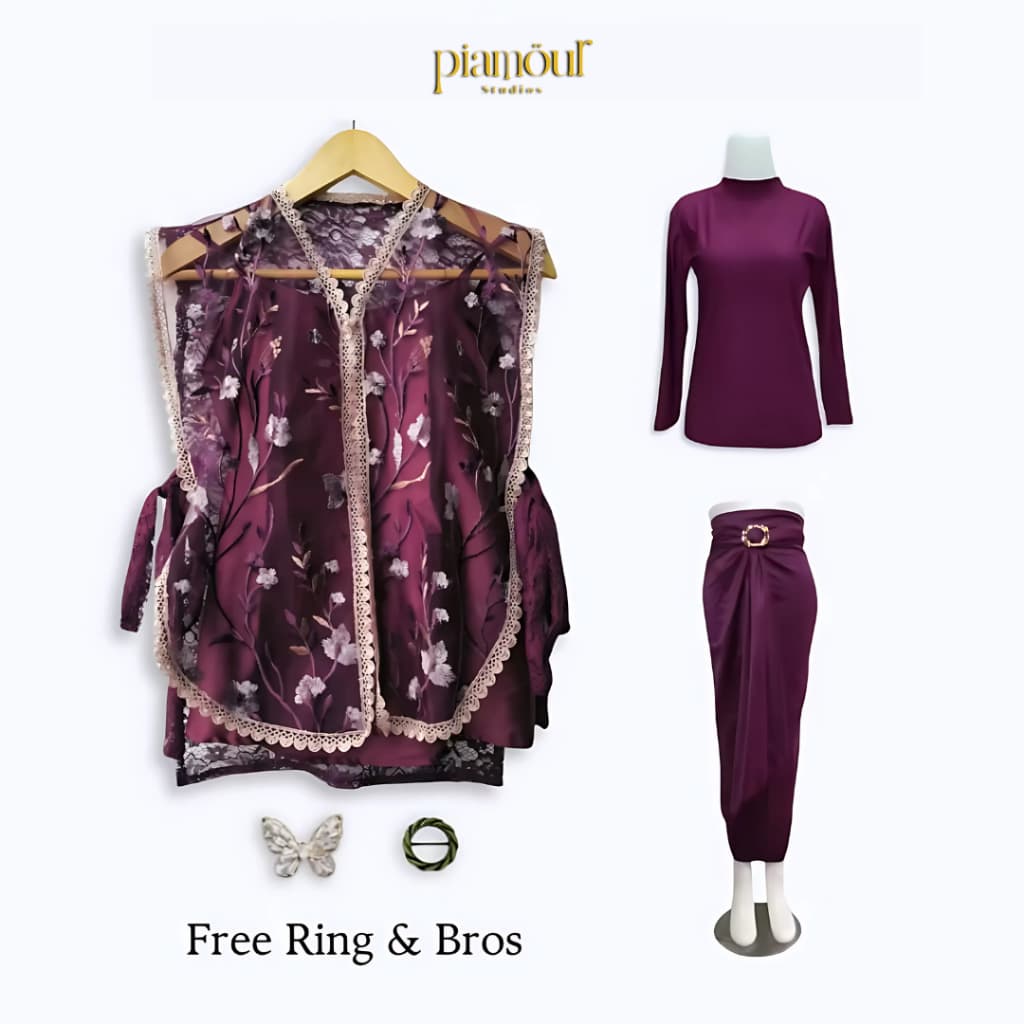 PIAMOUR Oneset Vest Brukat Aruna Series Baju Kondangan Wanita kekinian Vest Brokat Tile Garden Set Rok Lilit - Outer Rompi Kekinian